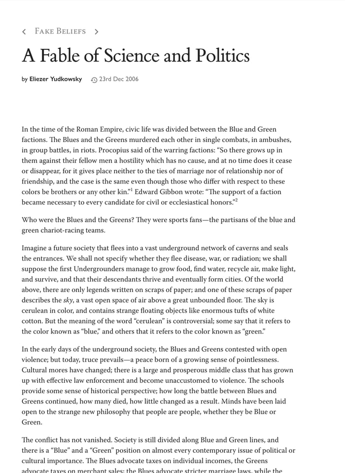 Screenshot of A Fable of Science and Politics on lesswrong.com