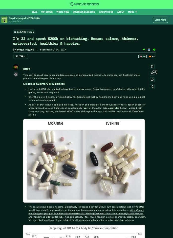 Screenshot of I’m 32 and Spent $200K on Biohacking on hackernoon.com
