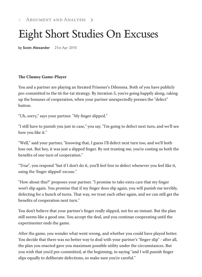 Screenshot of Eight Short Studies on Excuses on lesswrong.com