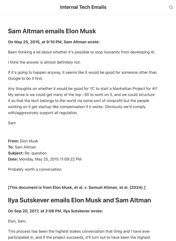 Screenshot of Elon Musk and OpenAI on techemails.com