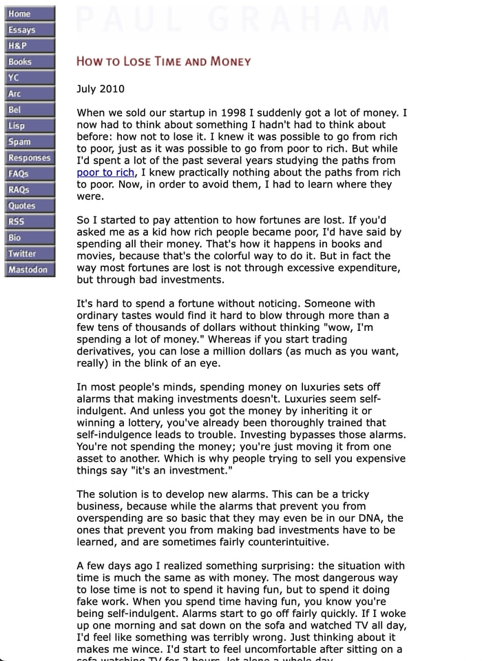 Screenshot of How to Lose Time and Money on paulgraham.com