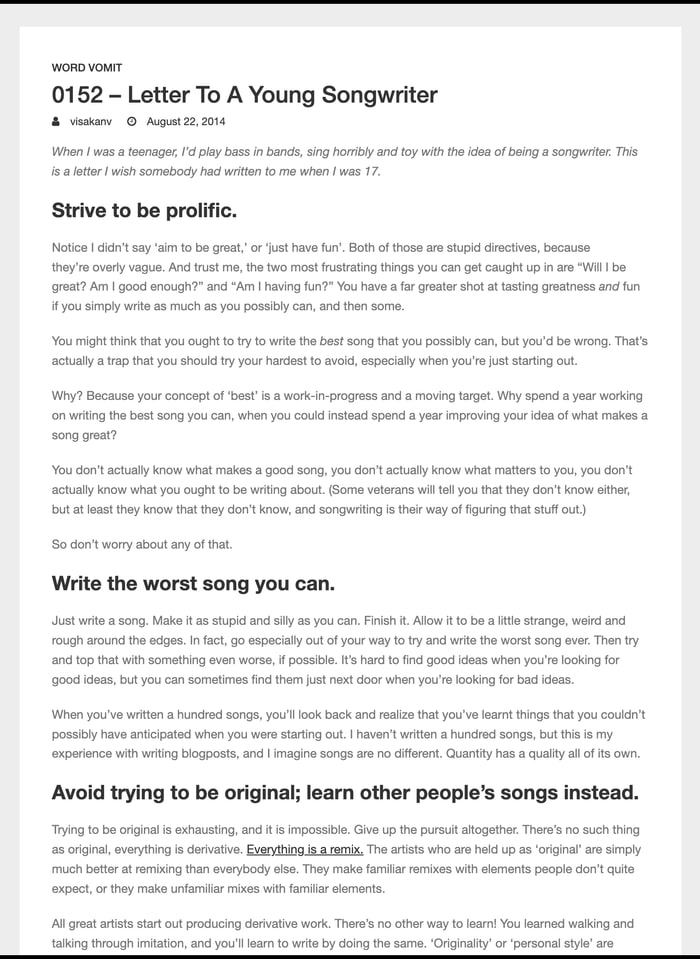 Screenshot of Letter to a Young Songwriter on visakanv.com